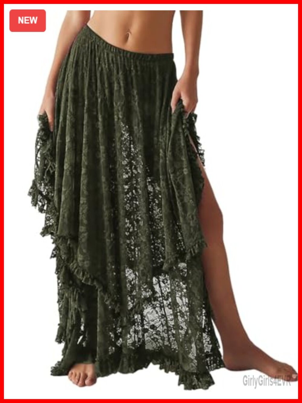 Lace Maxi Skirt Women Asymmetrical Flowy Boho Elastic Waist Ruffled Hem Sheer